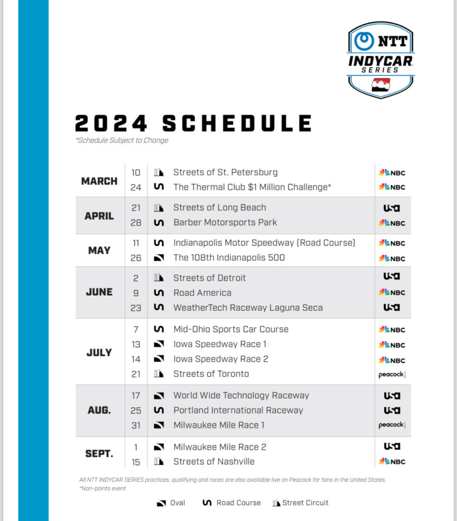 INDYCAR Announces 17Race 2024 NTT INDYCAR SERIES Schedule